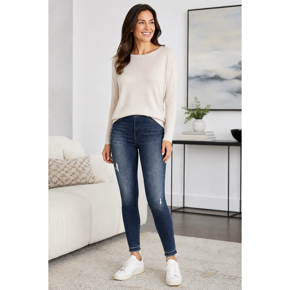 Spanx Distressed Skinny Jeans XSP Petite Pull On Dark Wash Raw Hem Stretch